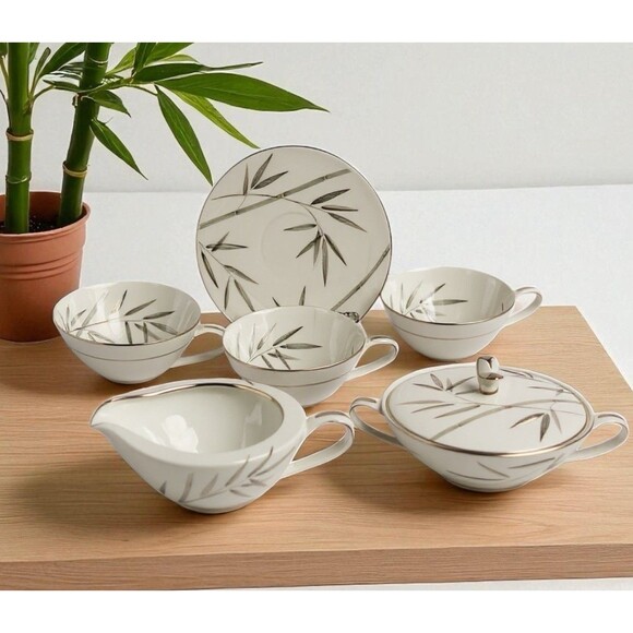 Noritake Bambina Bamboo Silver Edged 3 Cups, 1 Saucer, Sugar & Creamer 7 Pieces - Picture 1 of 3